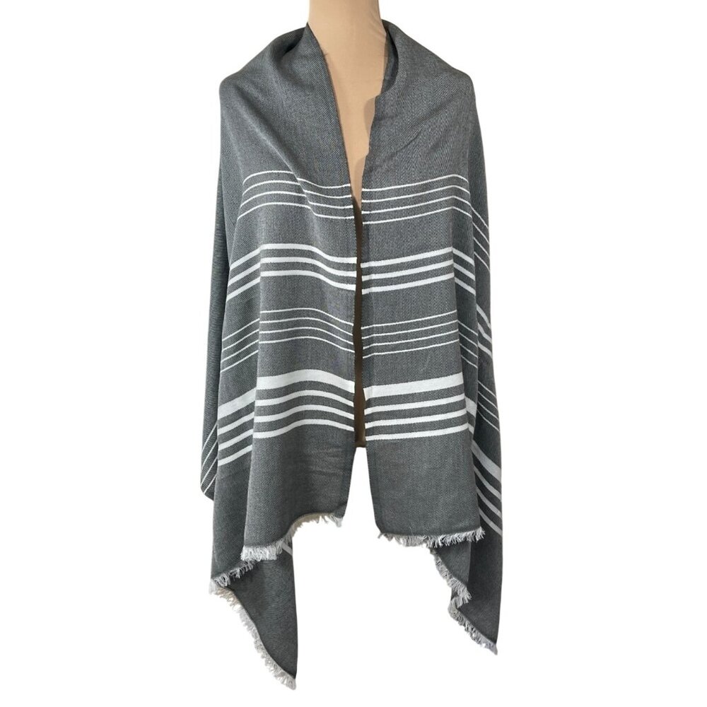 J.Crew Scarf Poncho Grey Cream Blanket Stripe One Size Fringe Wrap